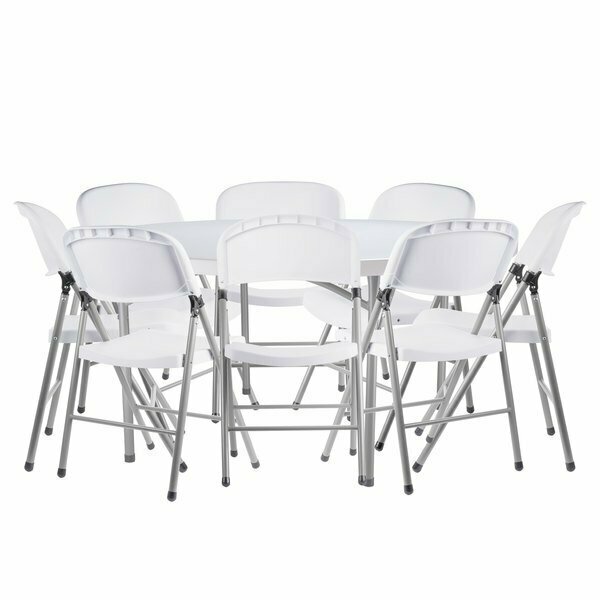Lancaster Table & Seating LT 60'' Round Granite White Heavy-Duty Blow Molded Plastic Folding Table W/ 8 White Folding Chairs 384YCZ608KIT